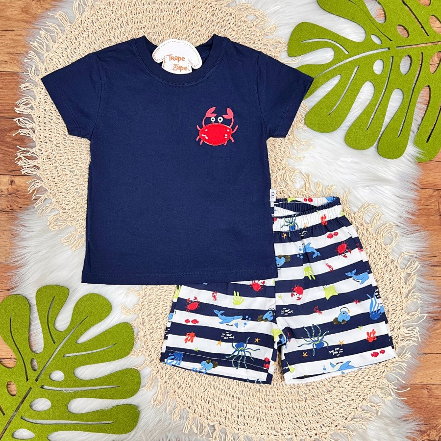 Conj. Camiseta Siri e Bermuda Peixinhos - Marinho e Off White